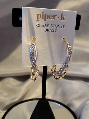 Piper K Two Tone Twisted PAVE gem Hoop Earrings with Glass Stones HL